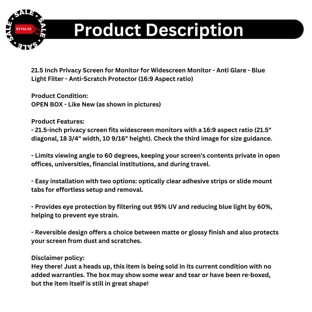 21.5 Inch Privacy Screen for Monitor for Widescreen‎ Monitor - Anti Glare - Blue